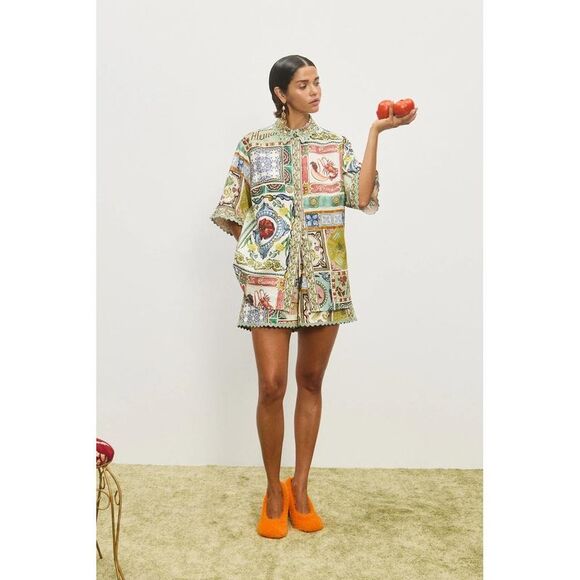 ALEMAIS Artisanal Patchwork Print Short Sleeve Button-Up Shirt Women MULTICOLOUR - Picture 2 of 4